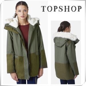 Topshop Parka Faux Fur Lined Military Utility Coat in Olive Military Green